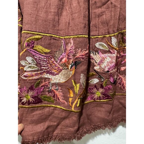 Sundance bohemian shirt embroidered bird floral 100% linen brown cottage women S - Picture 6 of 8